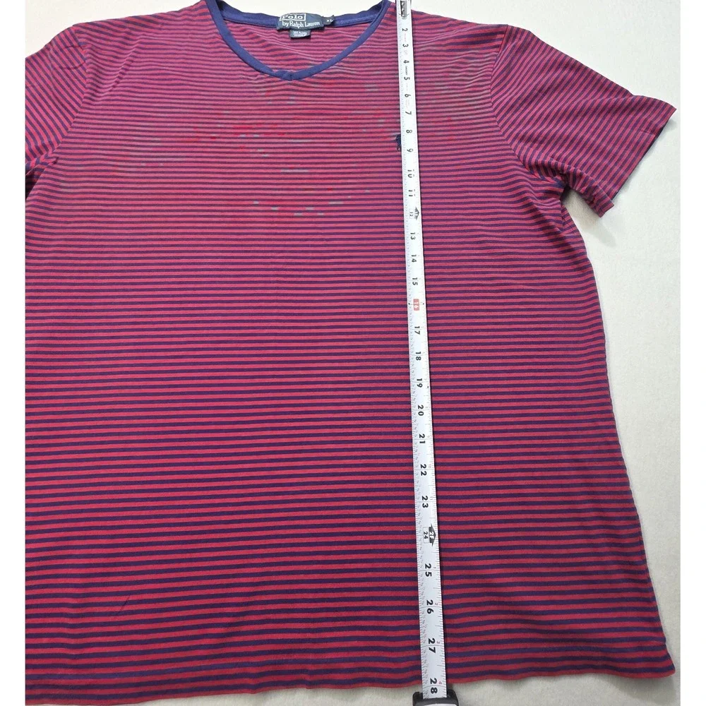 Polo Ralph Lauren Mens XL V-Neck Short Sleeve Shirt Blue Red Striped‎ Pony Logo